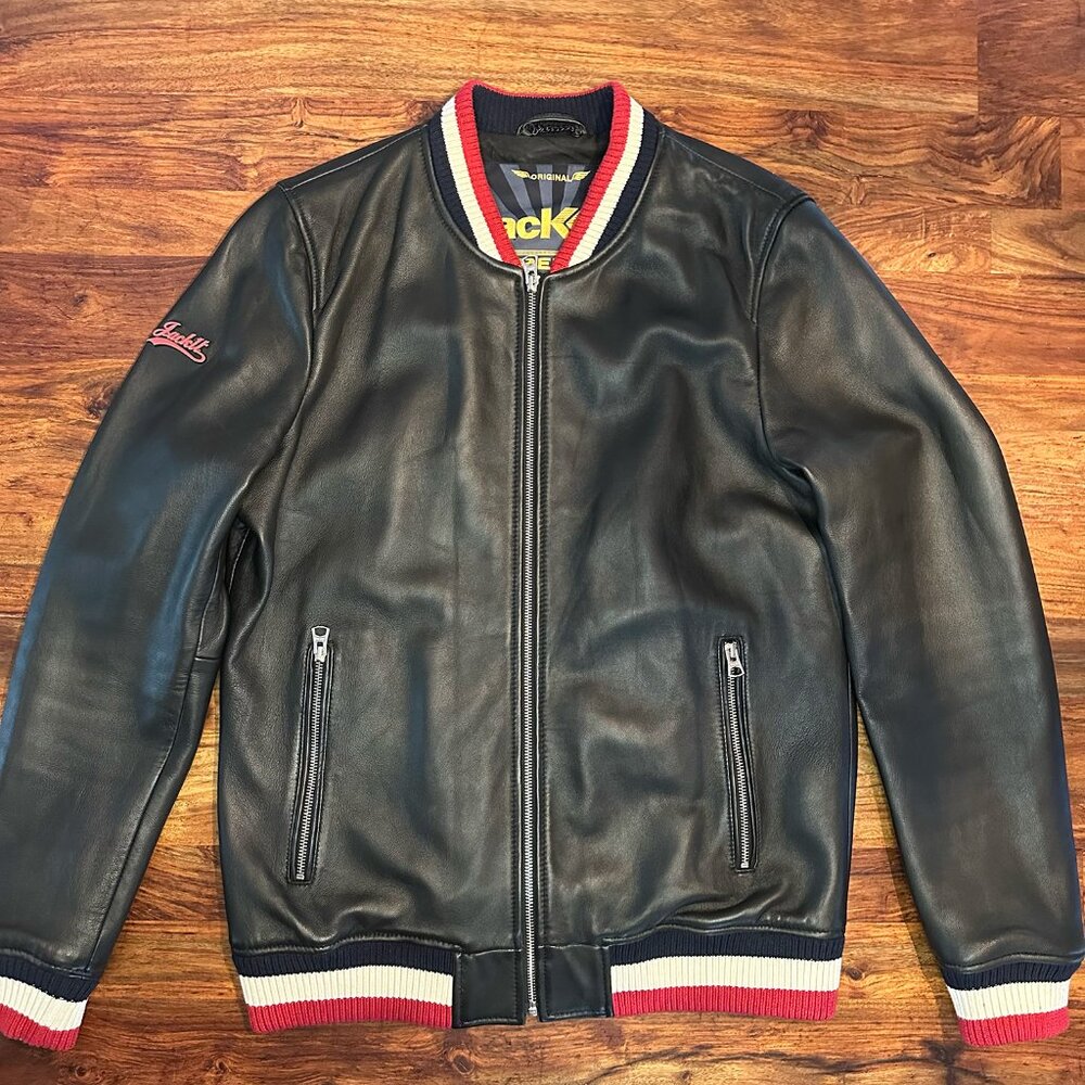 JACK1T 100% Sheep Leather Black Varsity Bomber, Men Size Medium